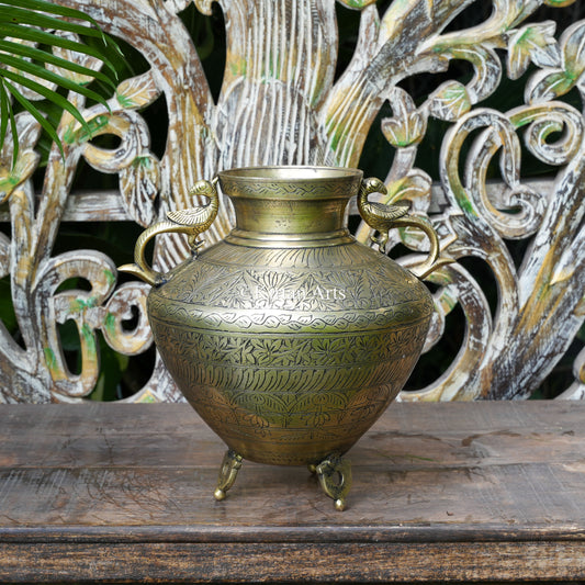 Hand-Engraved Brass Tapered Pot with Peacock Handles 12"