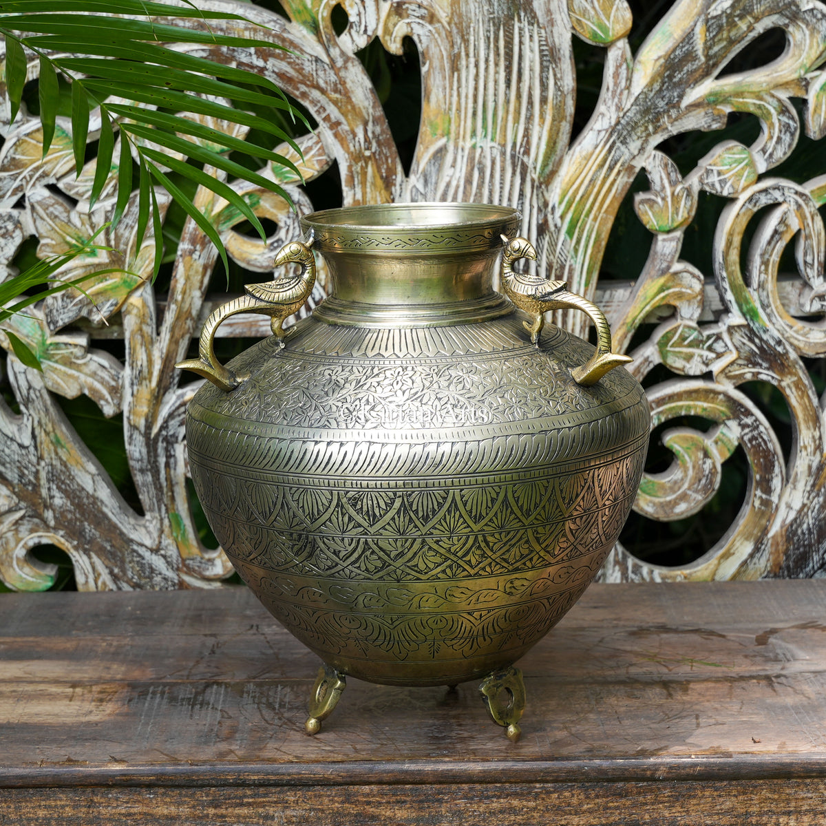 Hand-Engraved Brass Bulbous Pot with Peacock Handles 13.5"