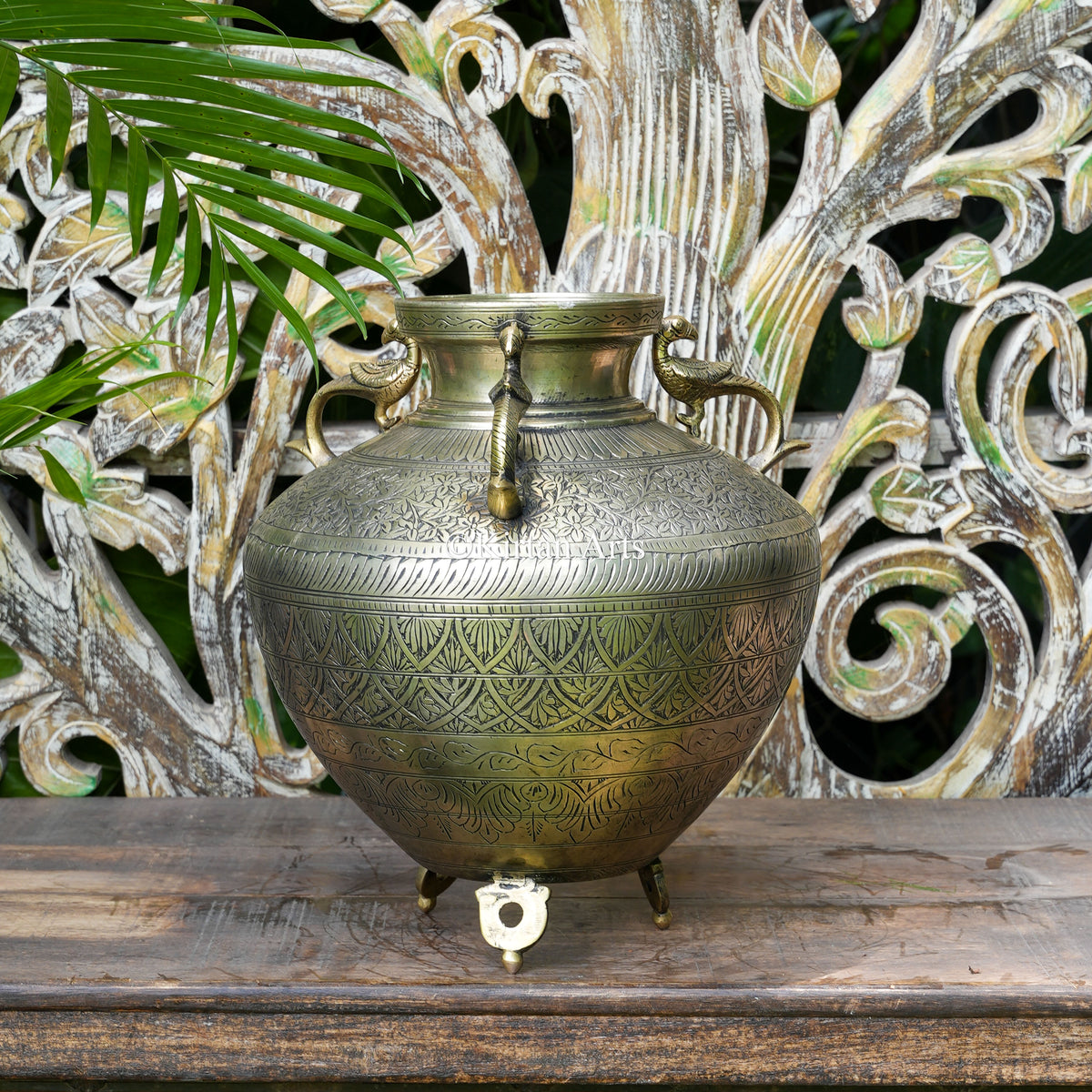 Hand-Engraved Brass Bulbous Pot with Peacock Handles 13.5"