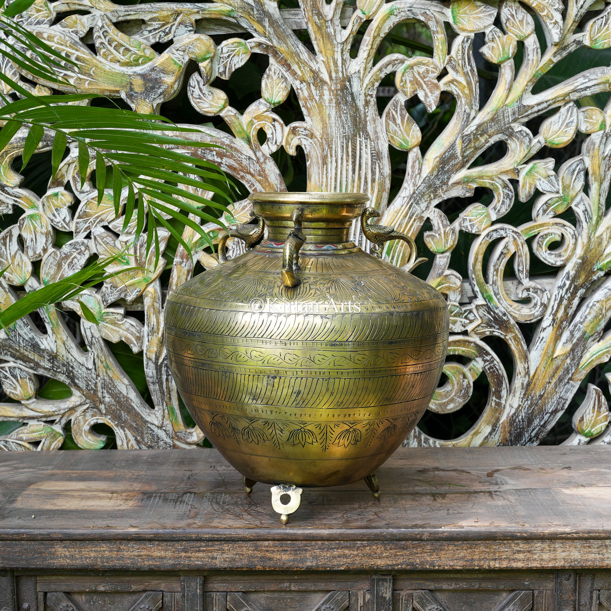 Hand-Engraved Brass Pot with Peacock Handles 15.5"