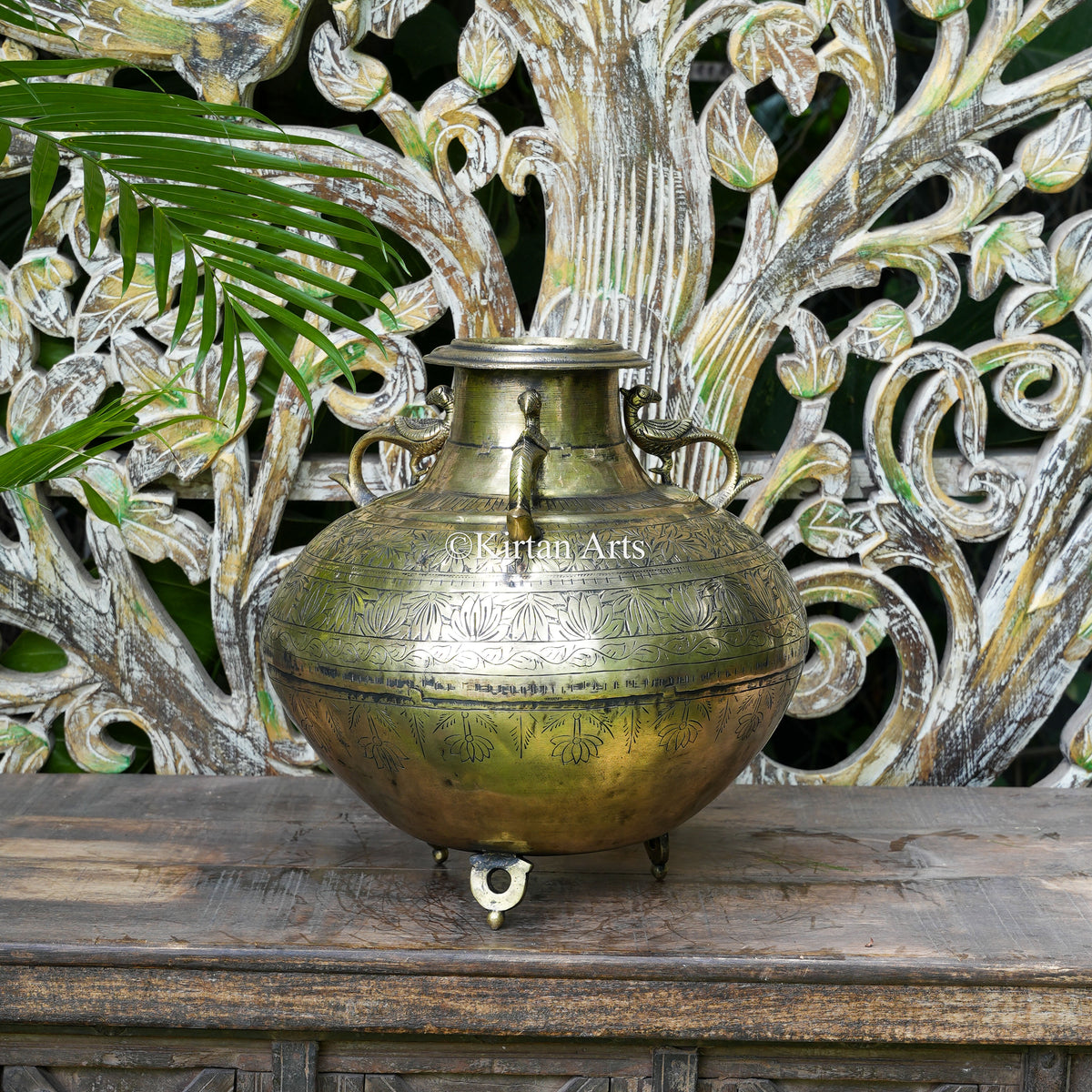 Hand-Engraved Brass Pot with Peacock Handles 14"
