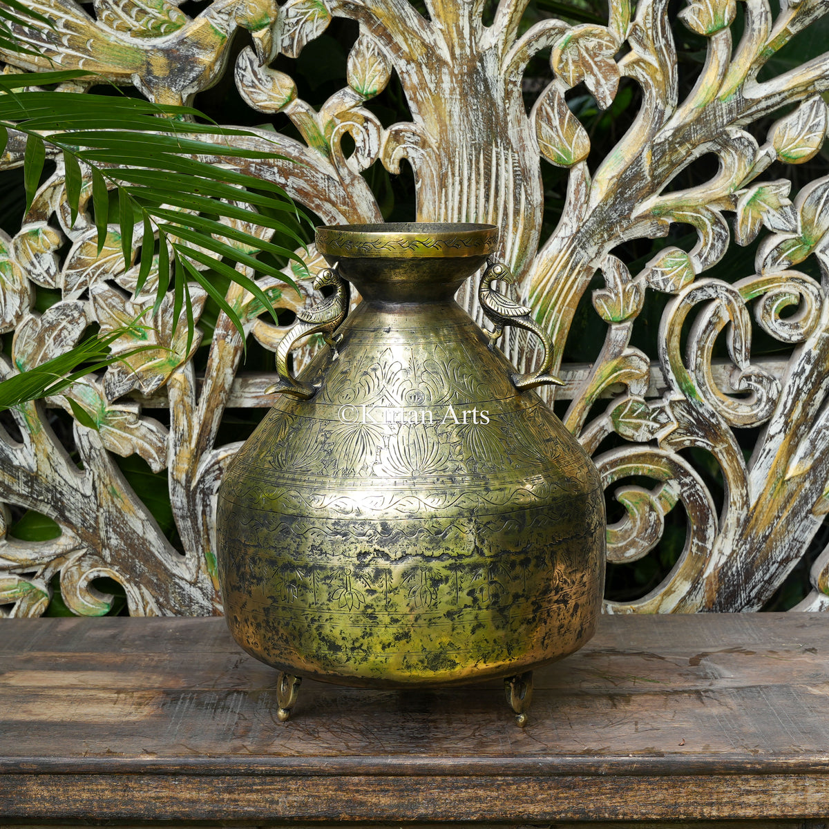 Hand-Engraved Brass Pot with Trumpet Neck and Peacock Handles 16"