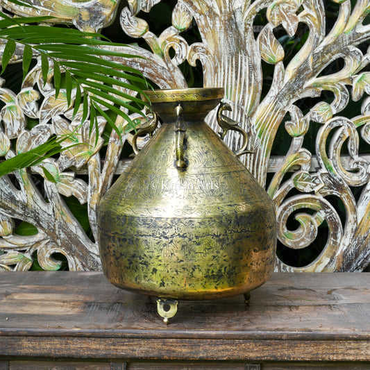 Hand-Engraved Brass Pot with Trumpet Neck and Peacock Handles 16"