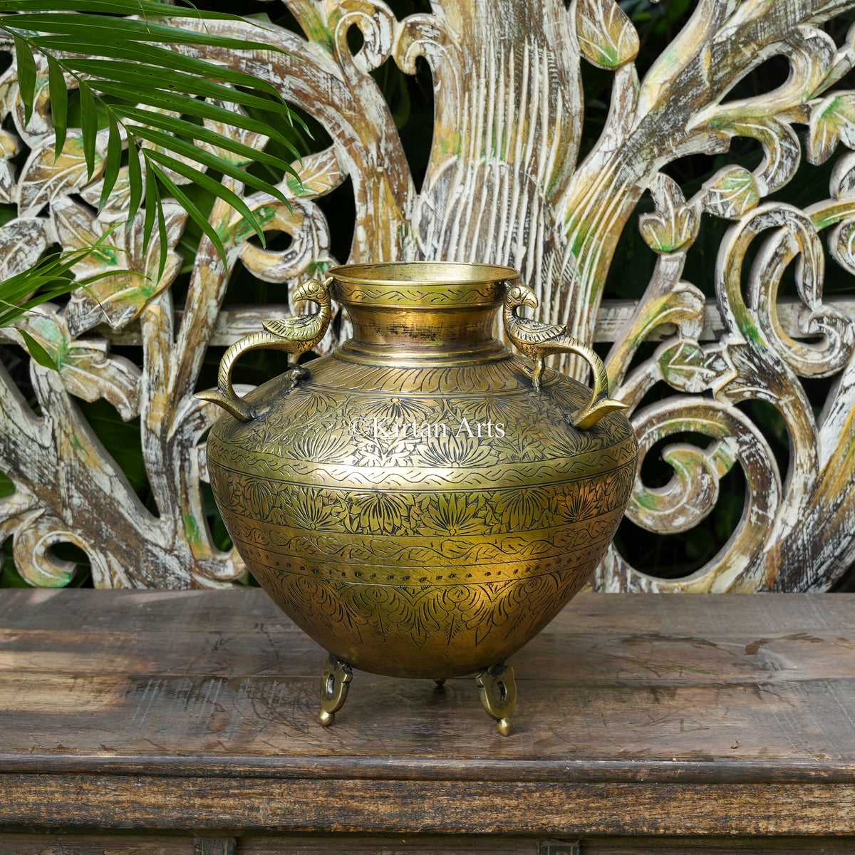Hand-Engraved Brass Pot with Floral Bands and Peacock Handles 12.5"