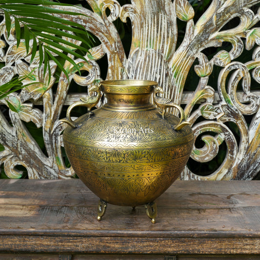 Hand-Engraved Brass Pot with Floral Bands and Peacock Handles 12.5"
