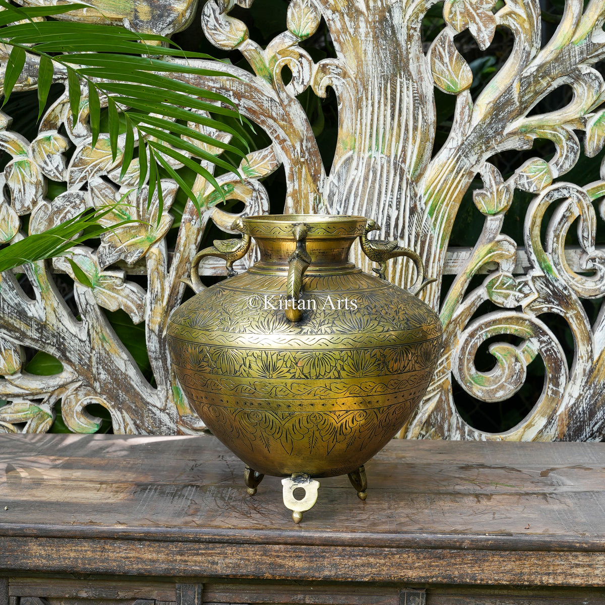 Hand-Engraved Brass Pot with Floral Bands and Peacock Handles 12.5"