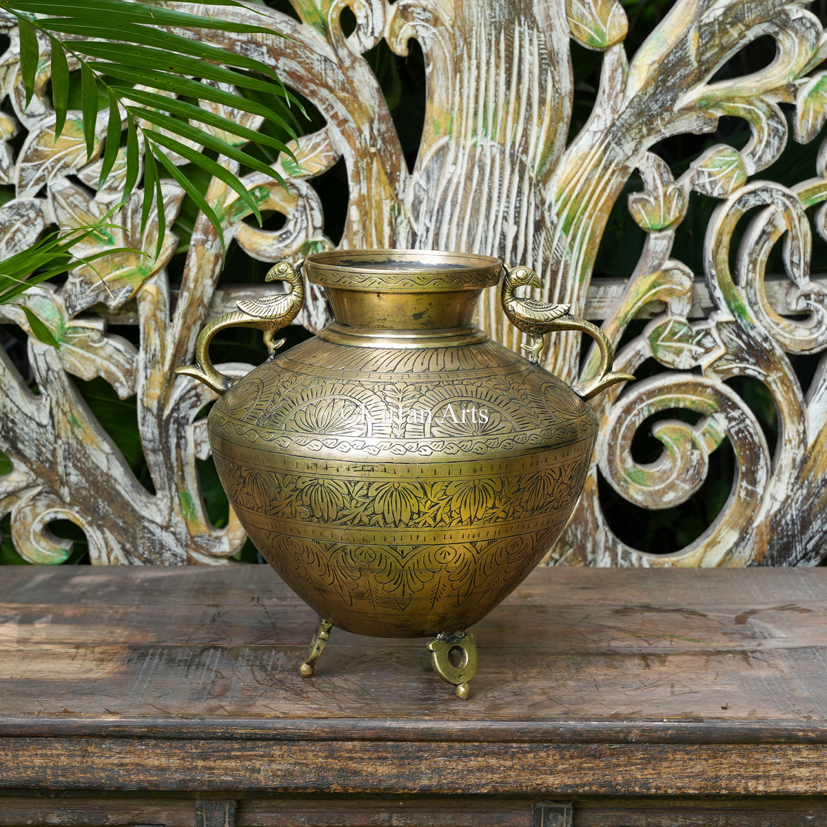 Hand-Engraved Brass Pot with Peacock Handles12"