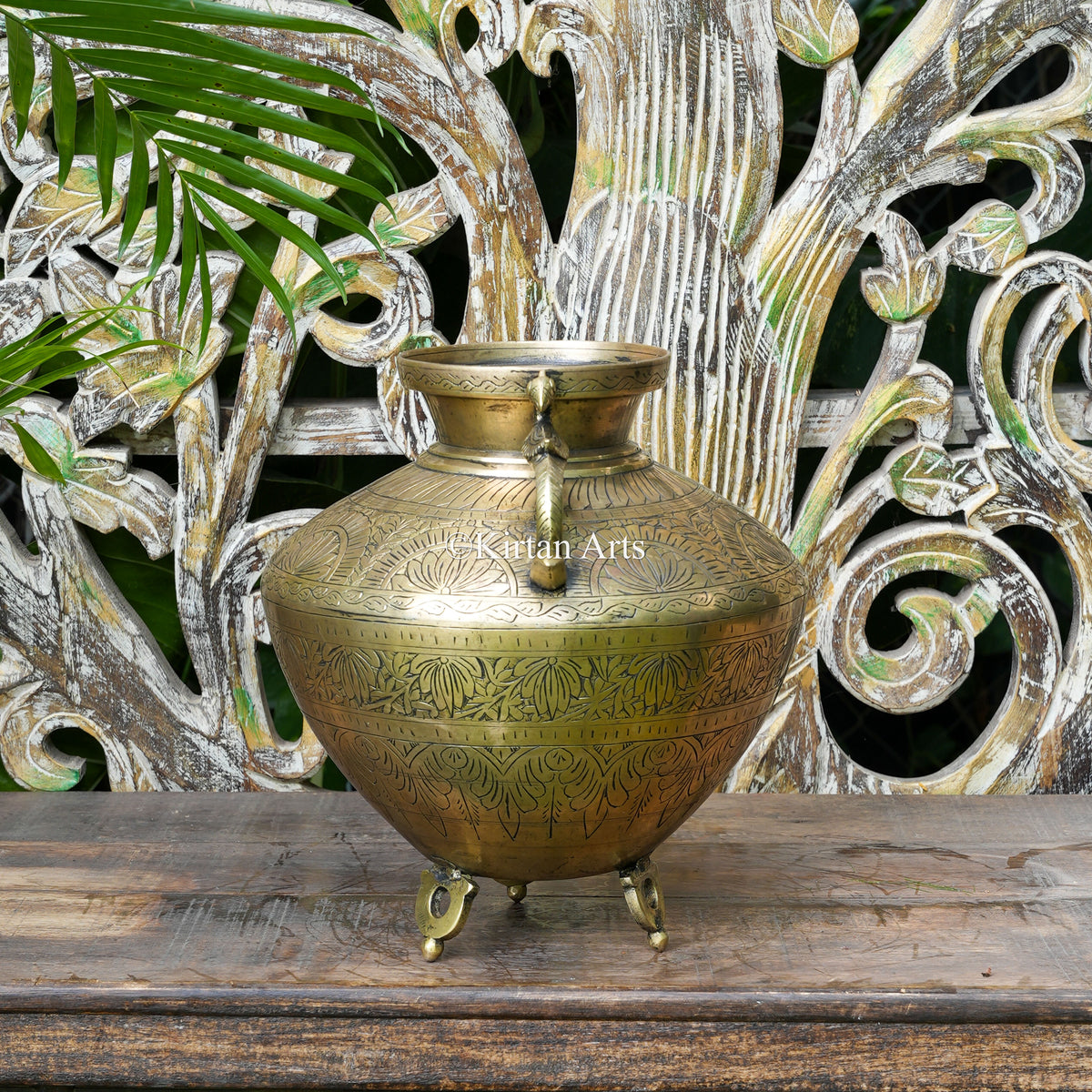 Hand-Engraved Brass Pot with Peacock Handles12"