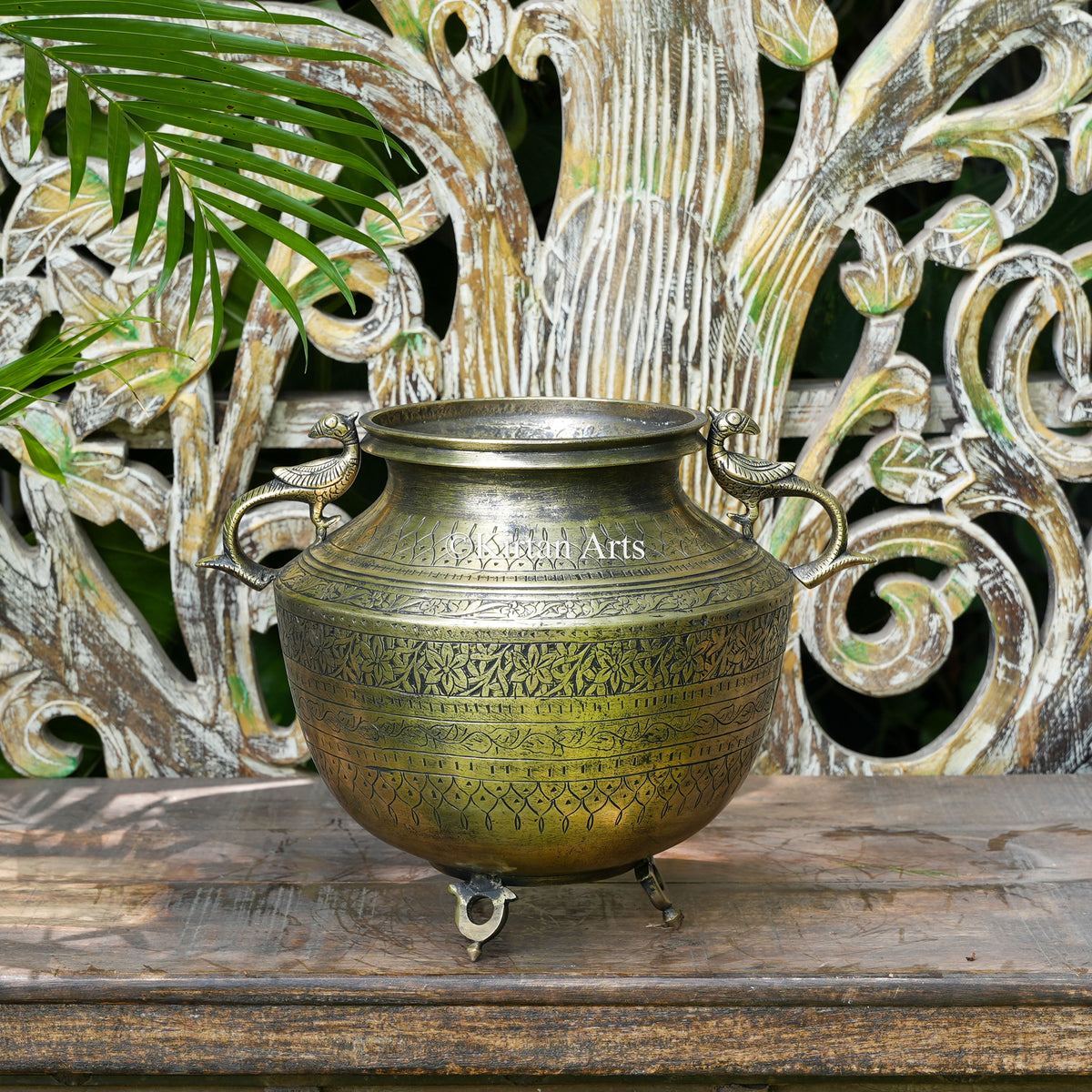 Hand-Engraved Brass Pot with Floral Frieze and Peacock Handles 11"