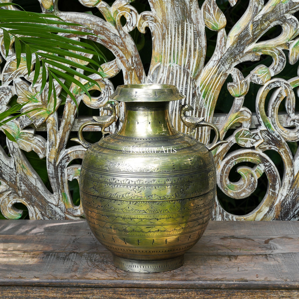 Hand-Engraved Brass Pot with Saucer Rim and Peacock Handles 14.5"