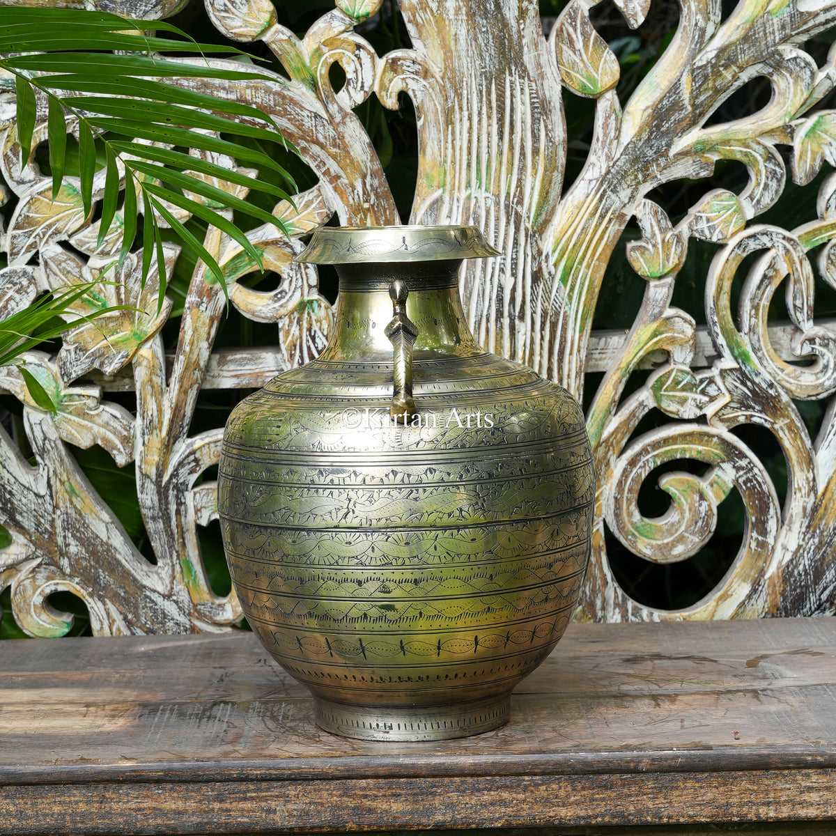 Hand-Engraved Brass Pot with Saucer Rim and Peacock Handles 14.5"