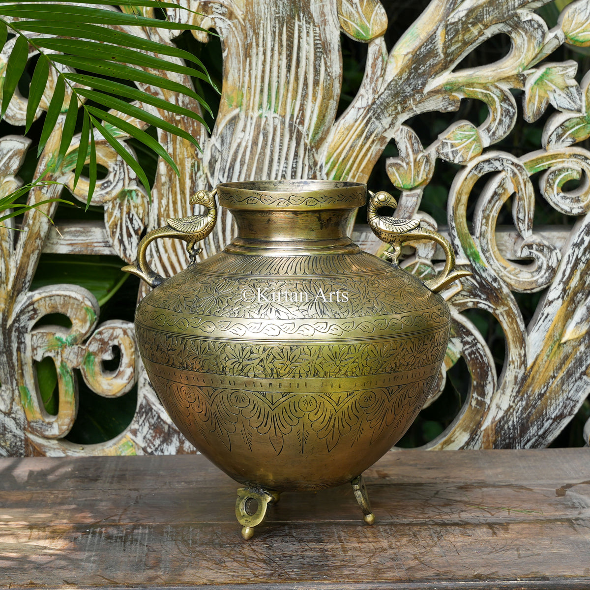 Hand-Engraved Brass Planter with Peacock Handles 12.5"