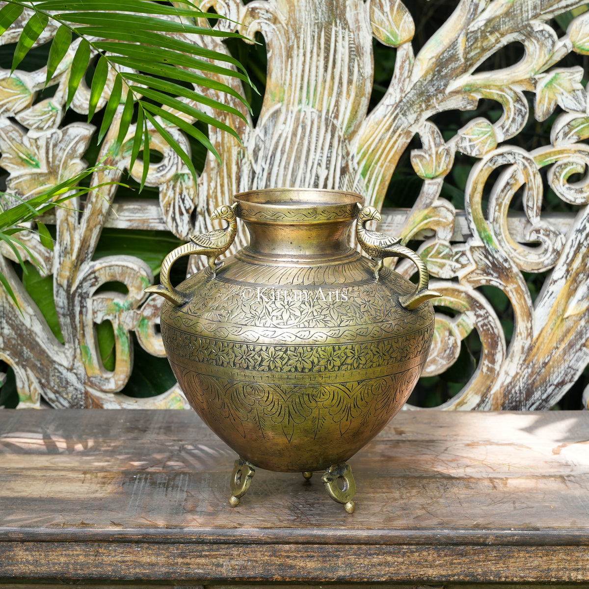 Hand-Engraved Brass Pot with Peacock Handles 12"