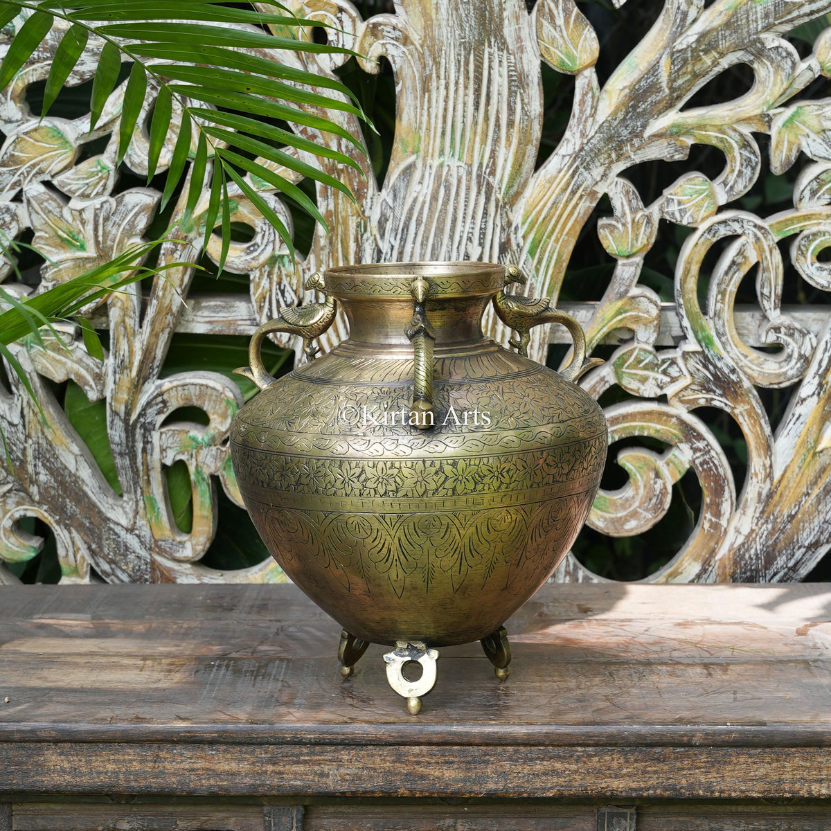 Hand-Engraved Brass Pot with Peacock Handles 12"