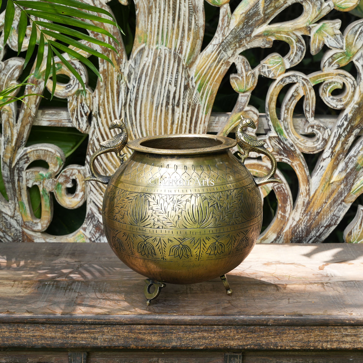 Hand-Engraved Brass Planter with Peacock Handles 11"