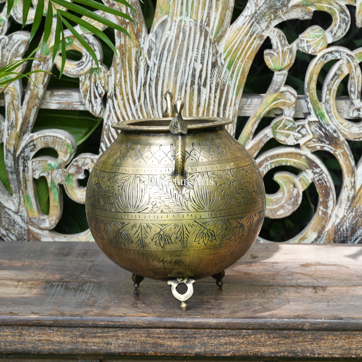 Hand-Engraved Brass Planter with Peacock Handles 11"