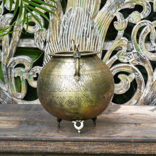 Hand-Engraved Brass Planter with Peacock Handles 11"