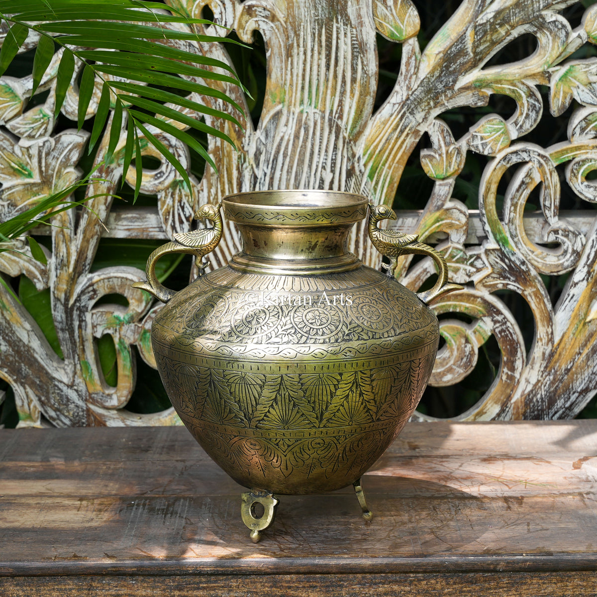 Hand-Engraved Brass Pot with Peacock Handles 12"