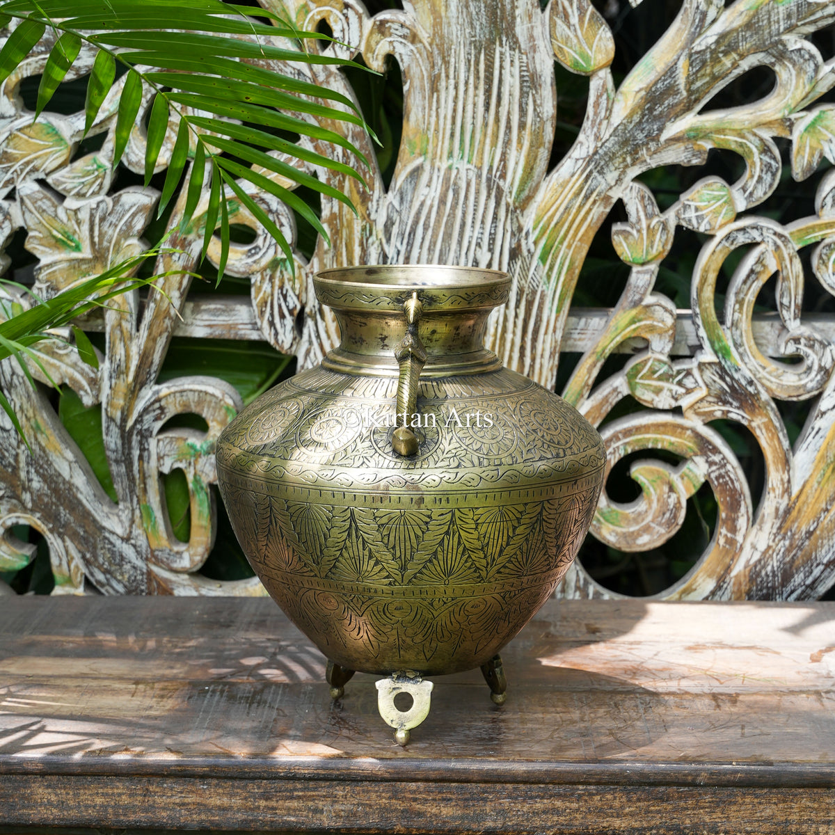 Hand-Engraved Brass Pot with Peacock Handles 12"