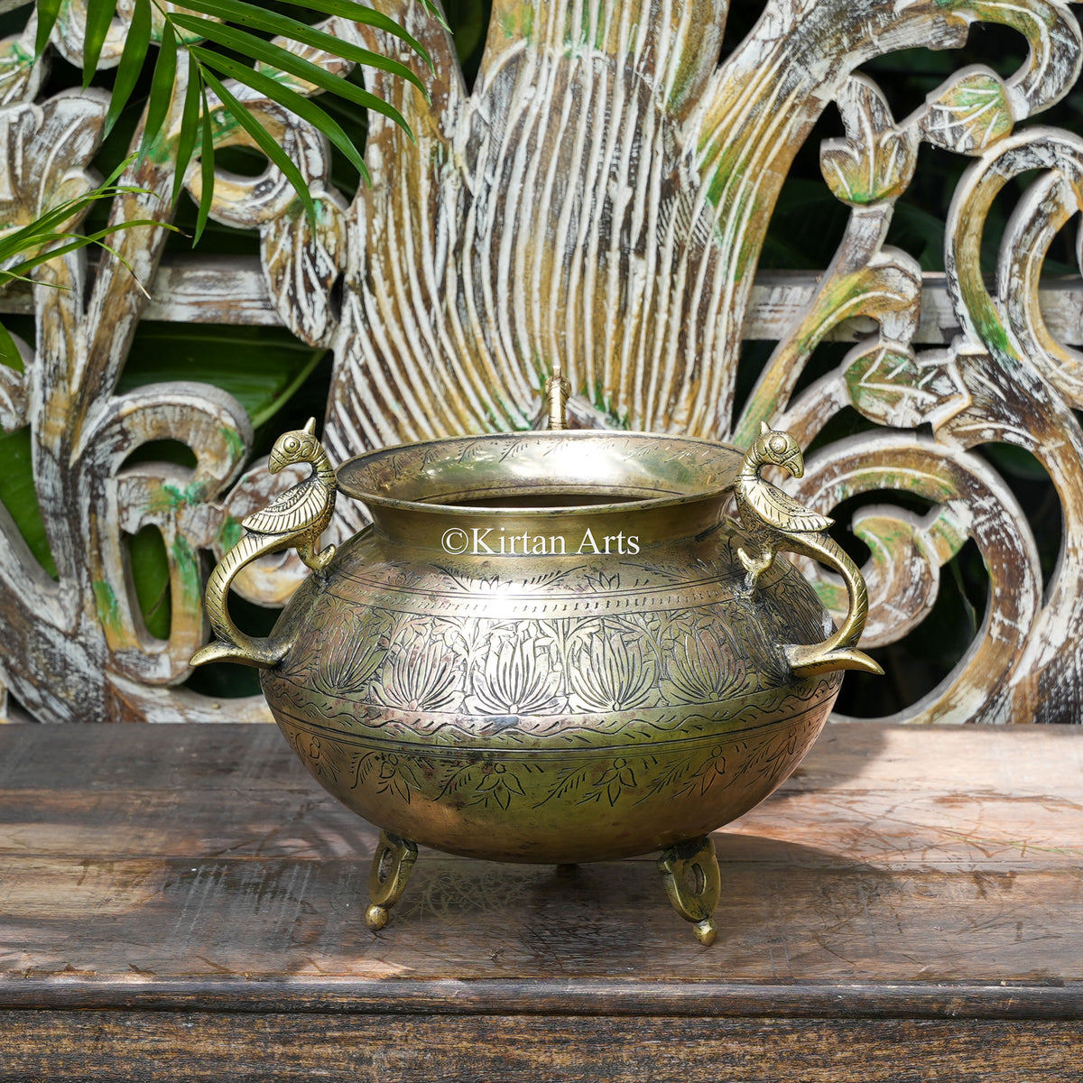 Hand-Engraved Brass Cauldron Pot with Peacock Handles 9"