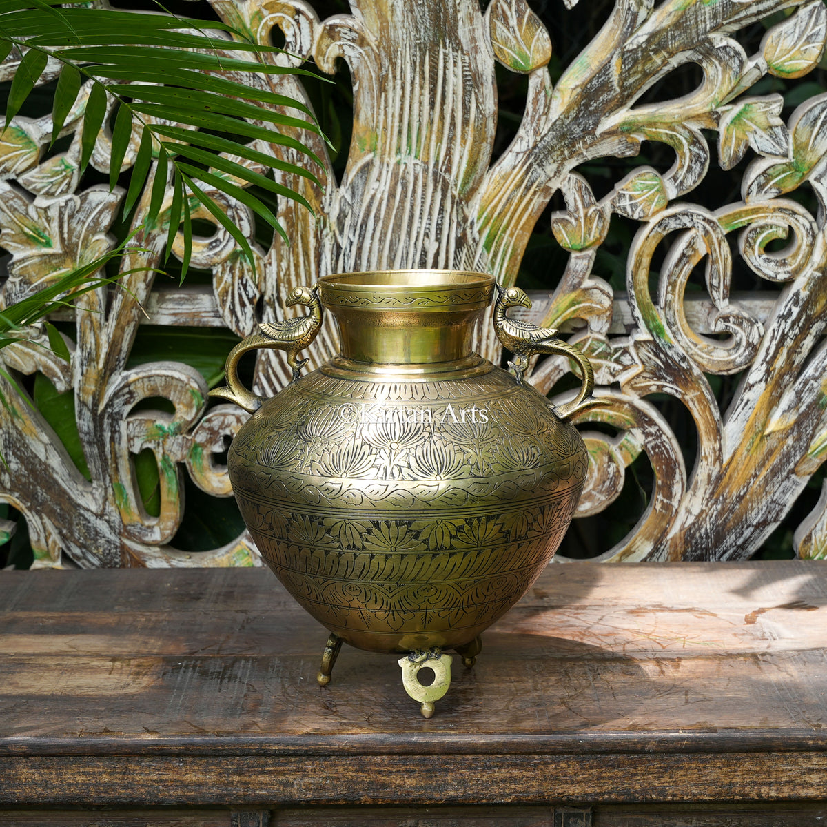 Hand-Engraved Brass Pot with Peacock Handles 12"