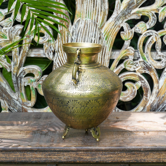 Hand-Engraved Brass Pot with Peacock Handles 12"