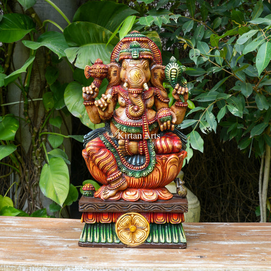 Hand-Painted Wooden Ganesha on Lotus 24"