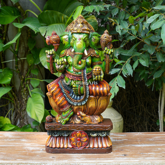 24" Hand-Painted Wooden Ganesha in Emerald Green