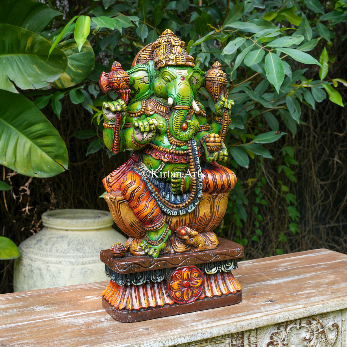 24" Hand-Painted Wooden Ganesha in Emerald Green