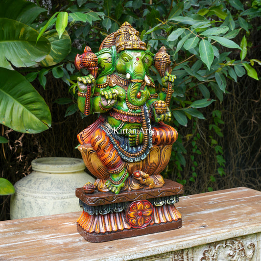 24" Hand-Painted Wooden Ganesha in Emerald Green