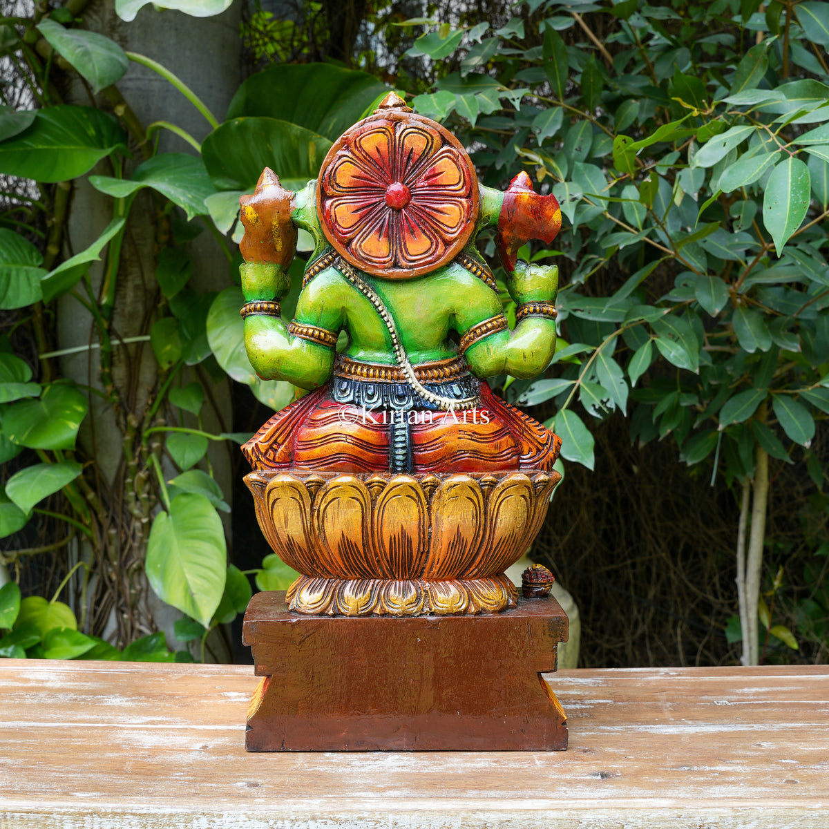24" Hand-Painted Wooden Ganesha in Emerald Green