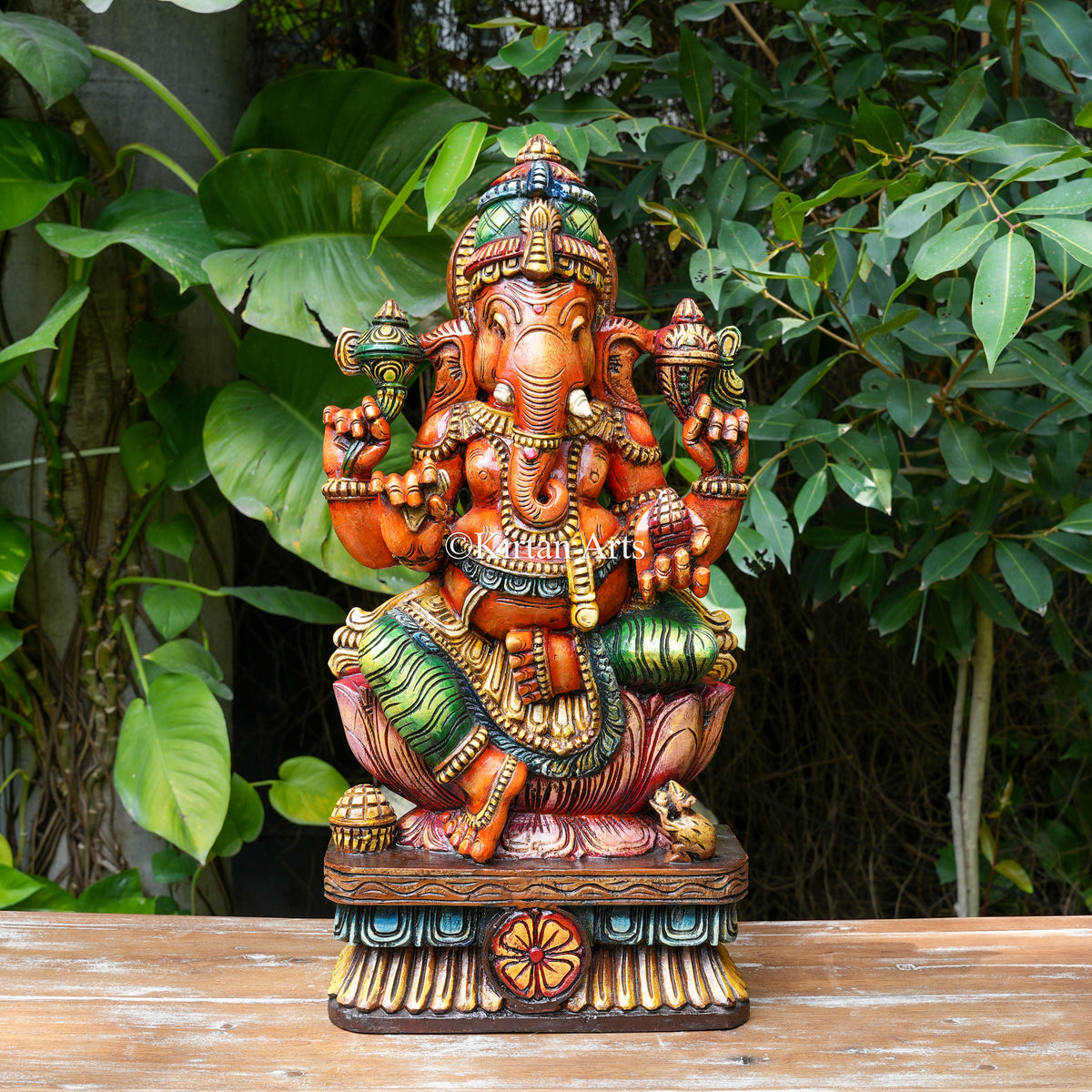 24" Hand-Painted Vagai Wood Ganesha in Warm Coral Tone