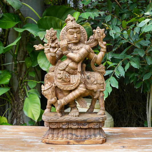 24" Natural-Finish Carved Wood Krishna with Cow