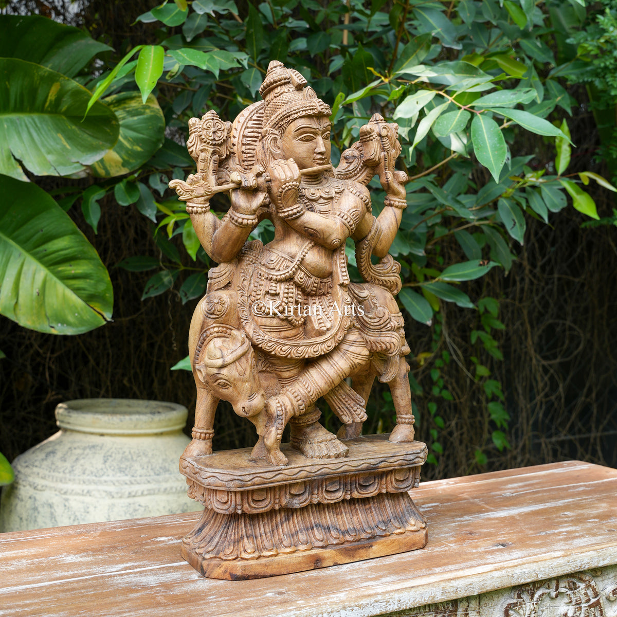 24" Natural-Finish Carved Wood Krishna with Cow