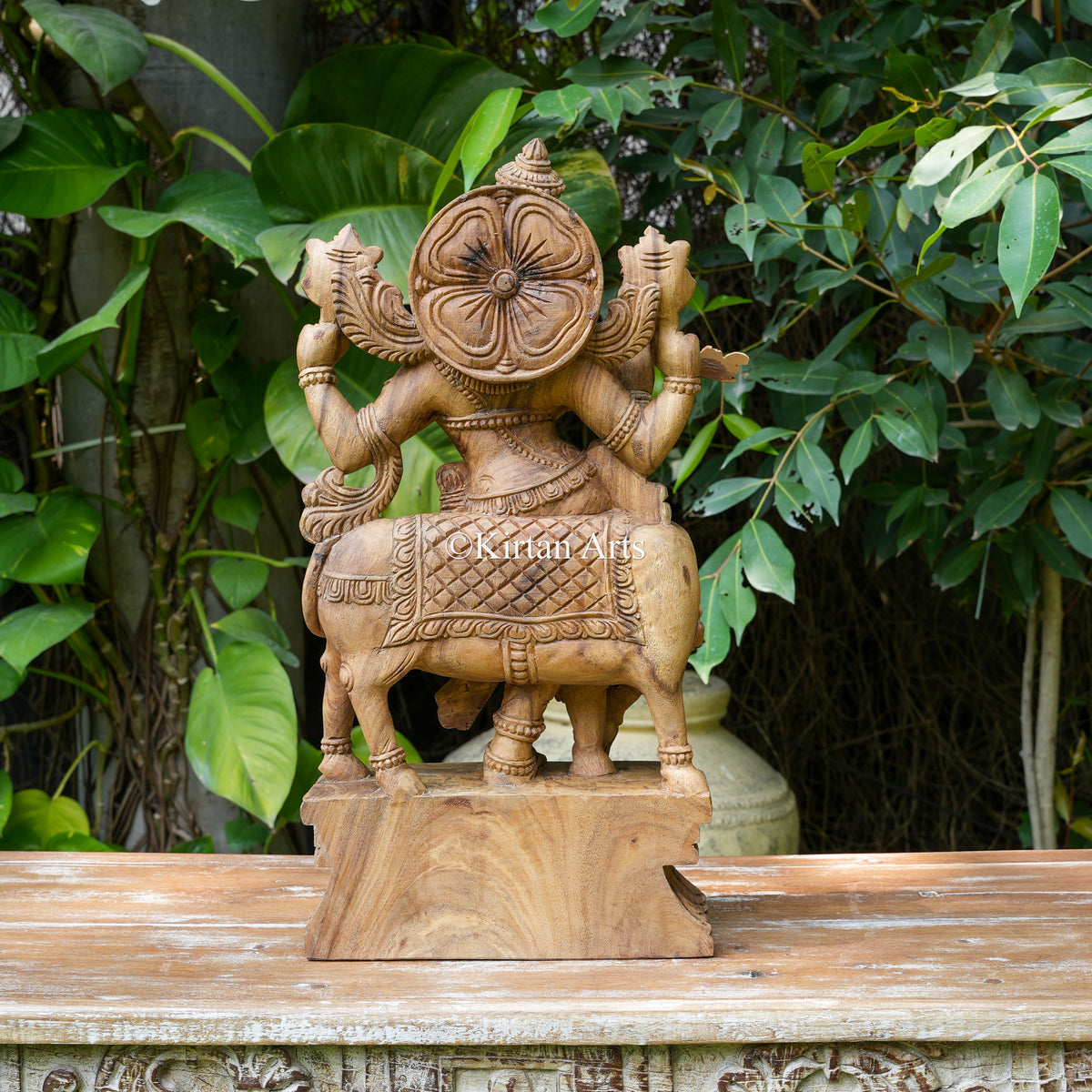 24" Natural-Finish Carved Wood Krishna with Cow