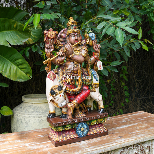 Hand-Carved Vagai Wood Venugopala Krishna Sculpture 24"