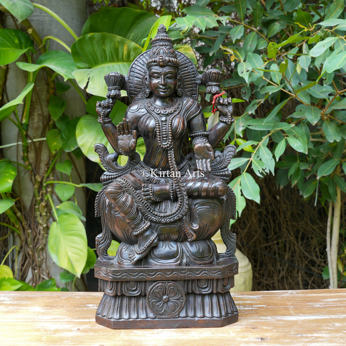 24" Hand-Carved Wooden Gajalakshmi / Padma Lakshmi Sculpture
