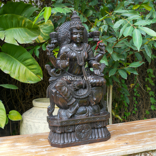 24" Hand-Carved Wooden Gajalakshmi / Padma Lakshmi Sculpture