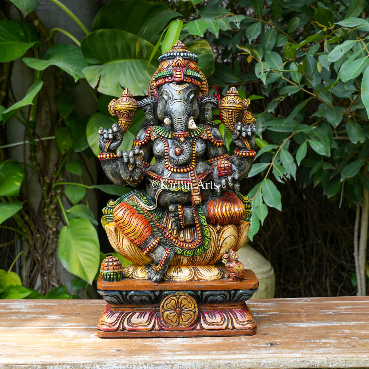24" Hand-Carved Vagai Wood Lord Ganesha Sculpture (Dark Patina)