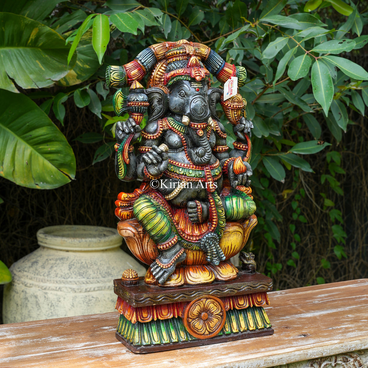 24" Hand-Carved Vagai Wood Lord Ganesha Sculpture with Arch
