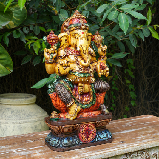24" Hand-Carved Vagai Wood Lord Ganesha Sculpture (Golden Turmeric Finish)