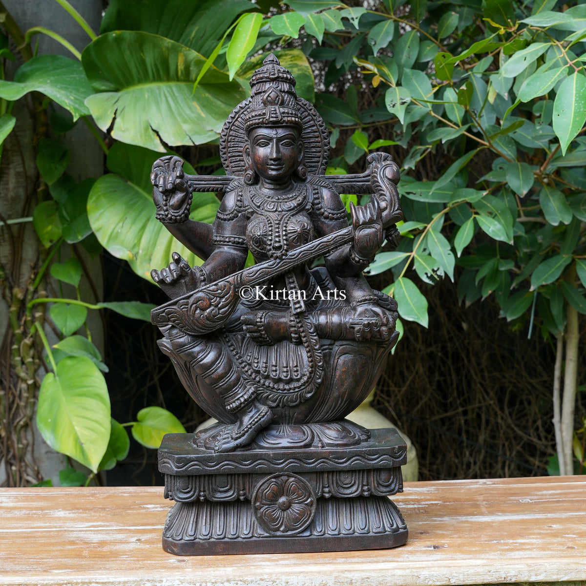 24" Hand-Carved Vagai Wood Goddess Saraswati Sculpture