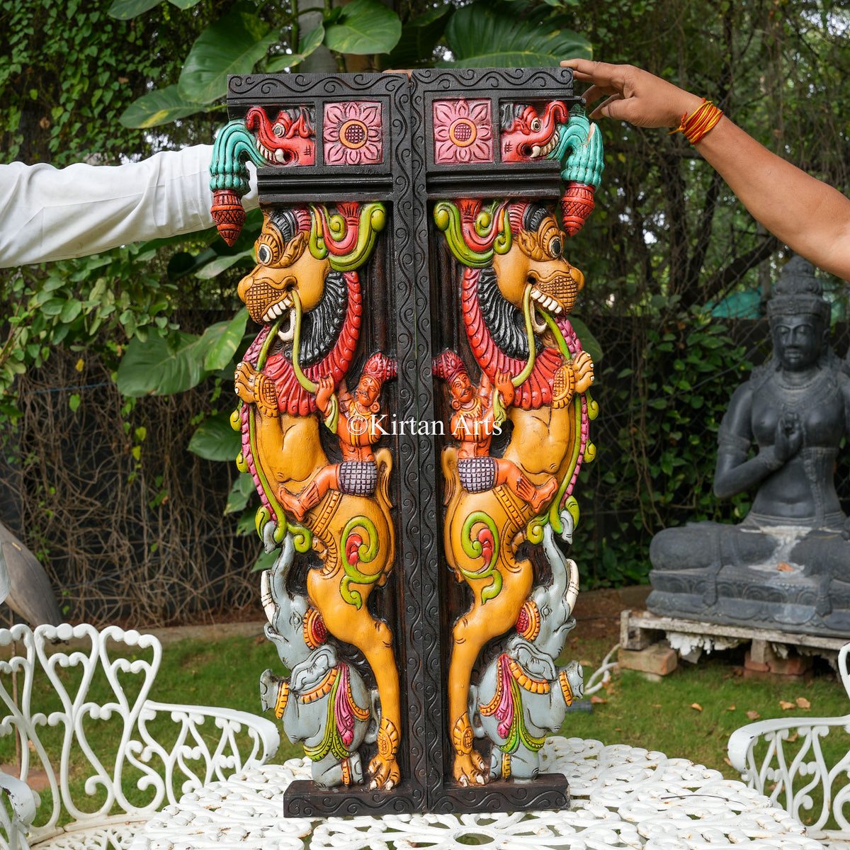 36" Hand-Carved Polychrome Yali Architectural Bracket Panel (Pair)