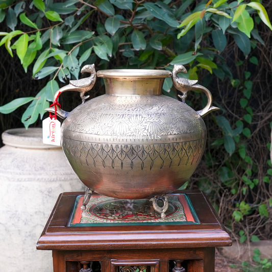 Brass Lotus-Engraved Planter with Peacock Handles 10"