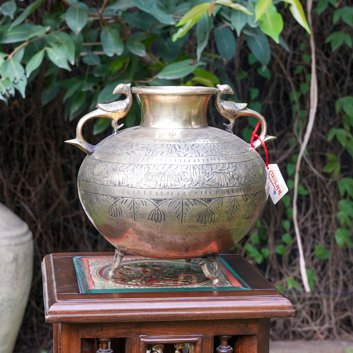 Vintage Brass Planter with Peacock Handles 10"
