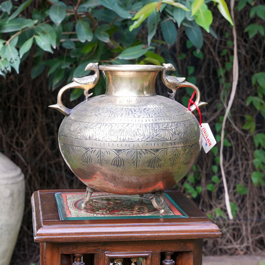 Vintage Brass Planter with Peacock Handles 10"