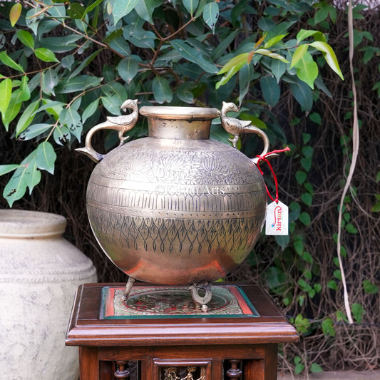 Vintage Brass Lotus-Engraved Planter 11"
