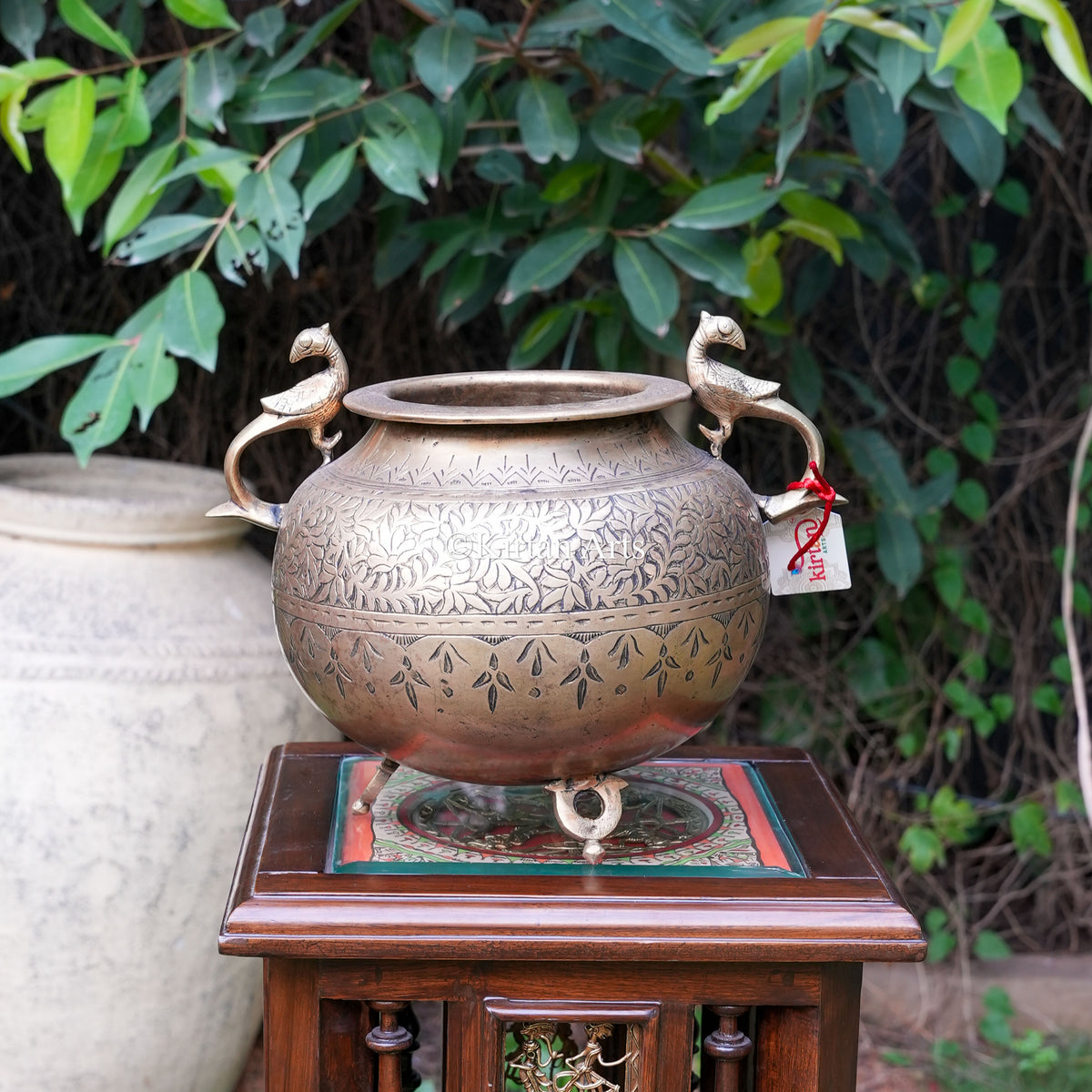 Vintage Brass Planter with Lotus Vine Engraving and Wide Rim