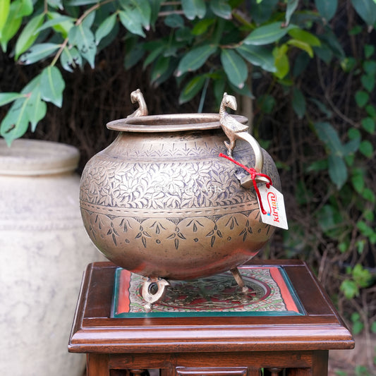Vintage Brass Planter with Lotus Vine Engraving and Wide Rim