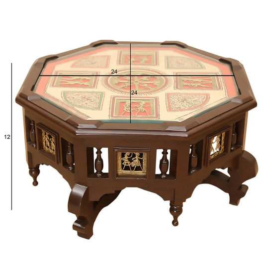 Elba Solid Teakwood Octagonal Coffee Table – 24-Inch Traditional Walnut Finish Center Table with Dhokra Metalcraft and Hand-Painted Art